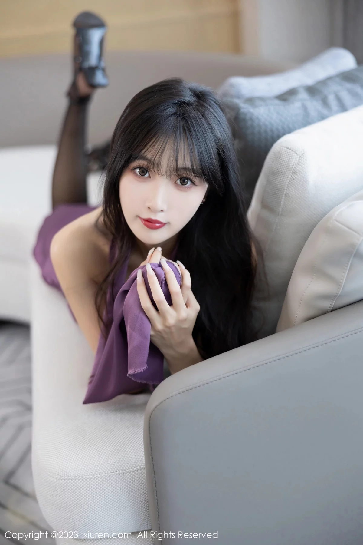 林星阑性感紫色露肩连衣短裙配超薄无内黑丝惹火绝美写真 第 19 张