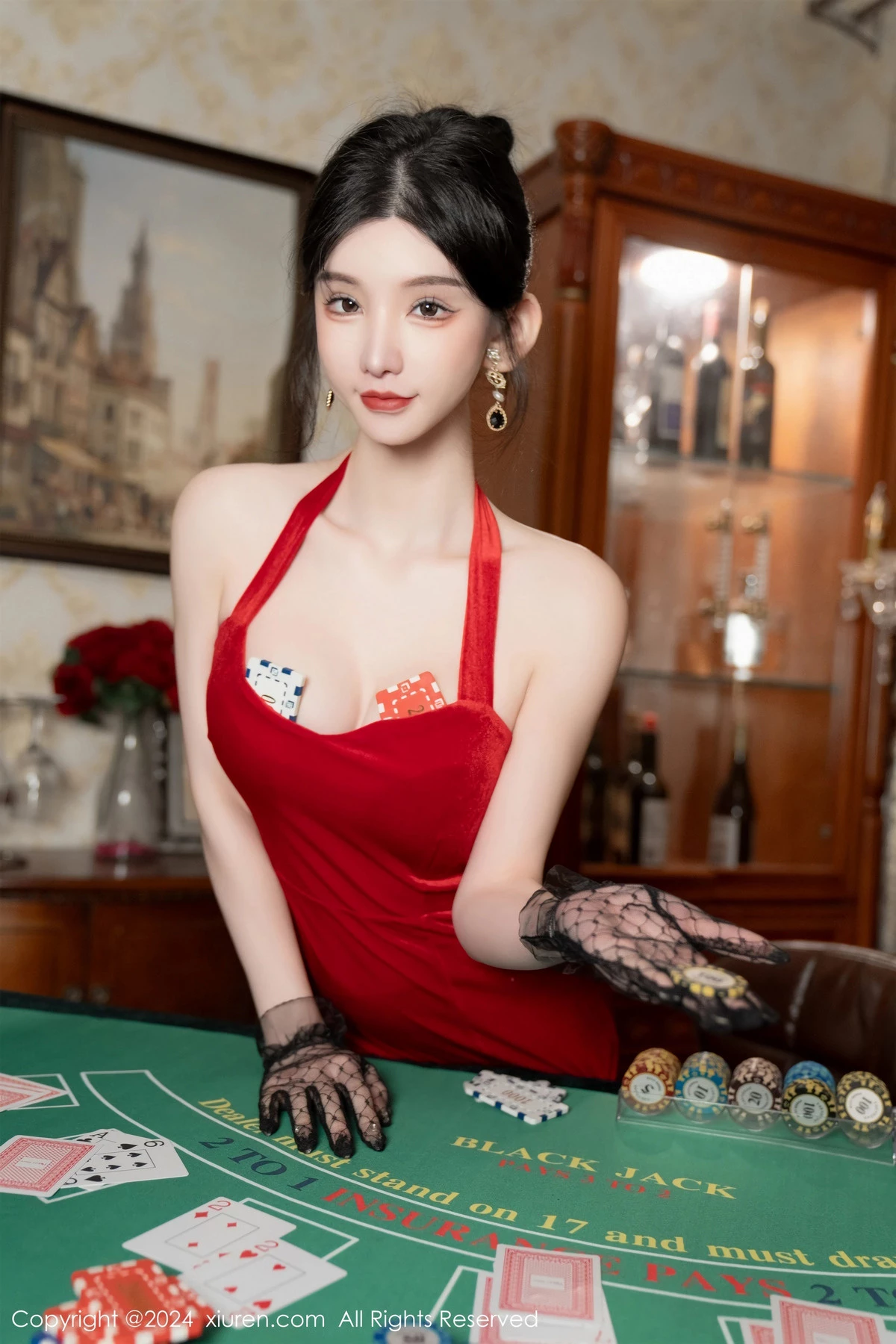 周于希Sally荷官角色扮演红色露肩服饰配无内黑丝绝美写真 第 24 张