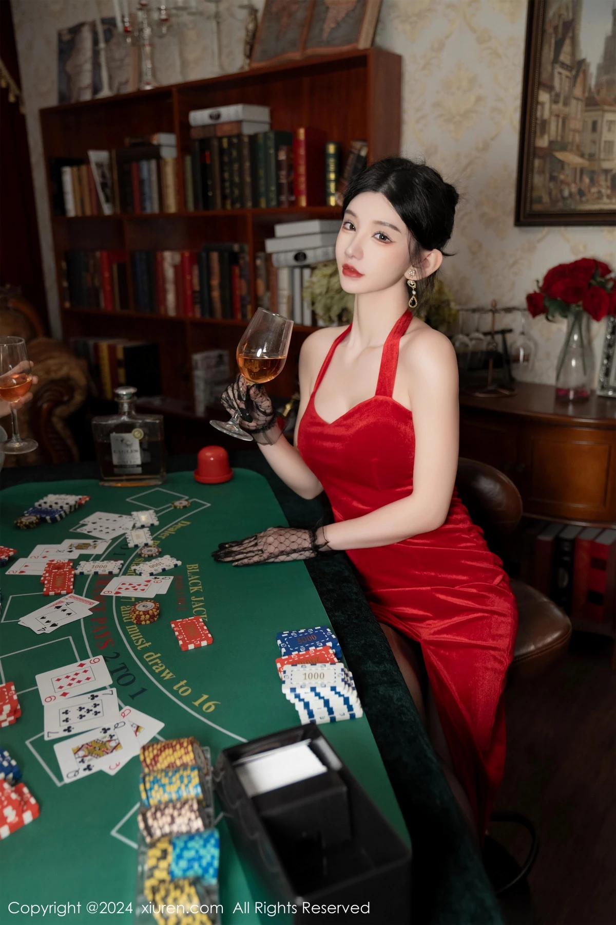 周于希Sally荷官角色扮演红色露肩服饰配无内黑丝绝美写真 第 60 张