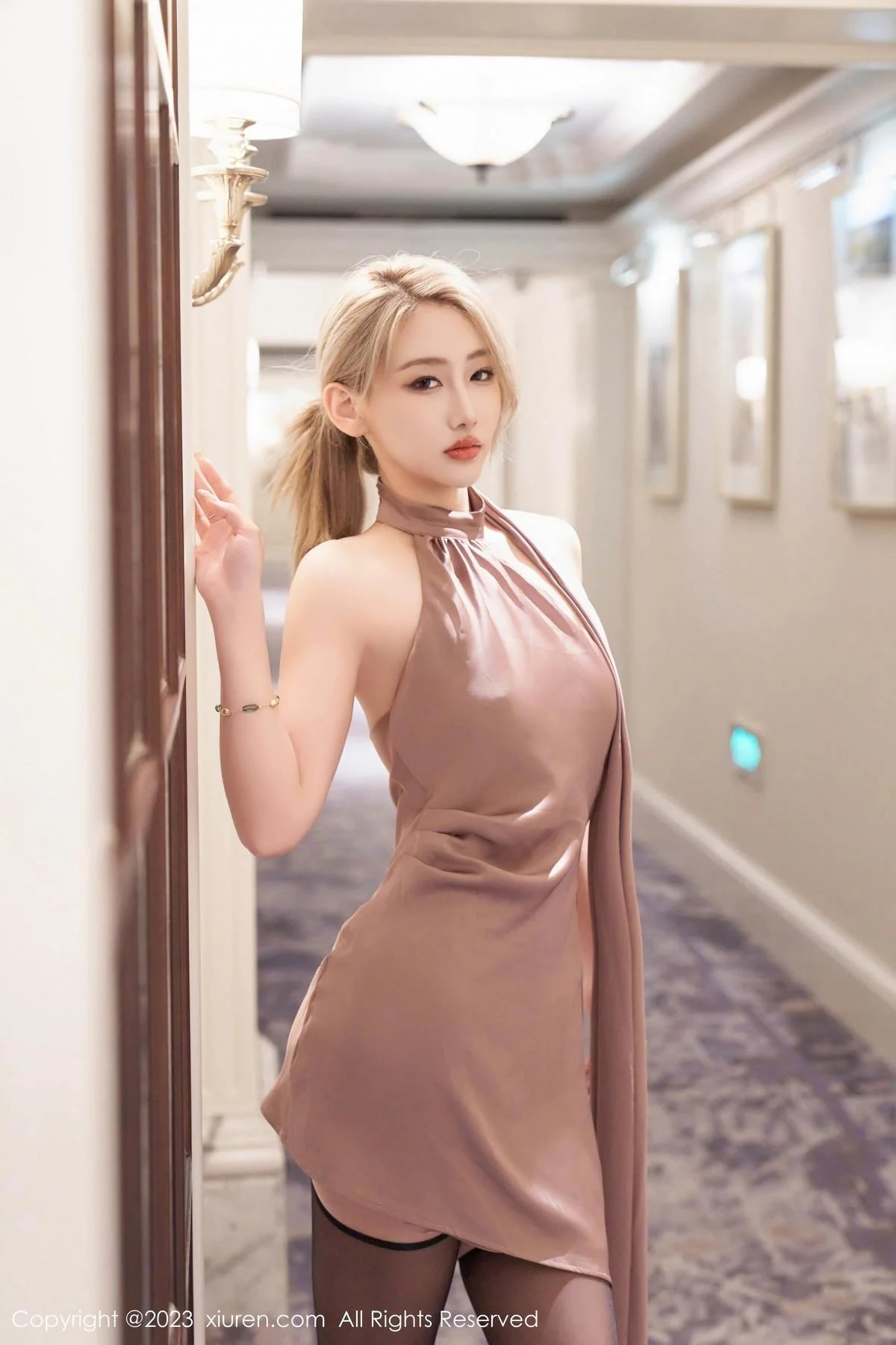 沈青黛性感咖啡色露肩短裙配黑丝吊袜露情趣内衣绝美写真 第 9 张