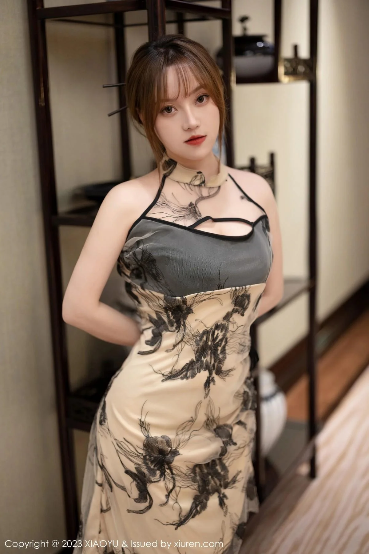 豆瓣酱脱连身长裙露性感黑色蕾丝内衣配黑丝吊袜绝美写真 第 3 张