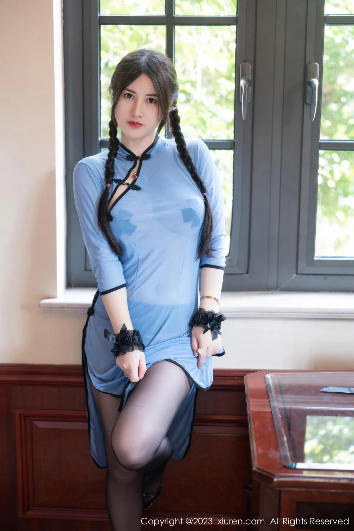 诗诗kiki私房浴室性感蓝色轻透旗袍露豪乳遮点惹火绝美写真 第 6 张
