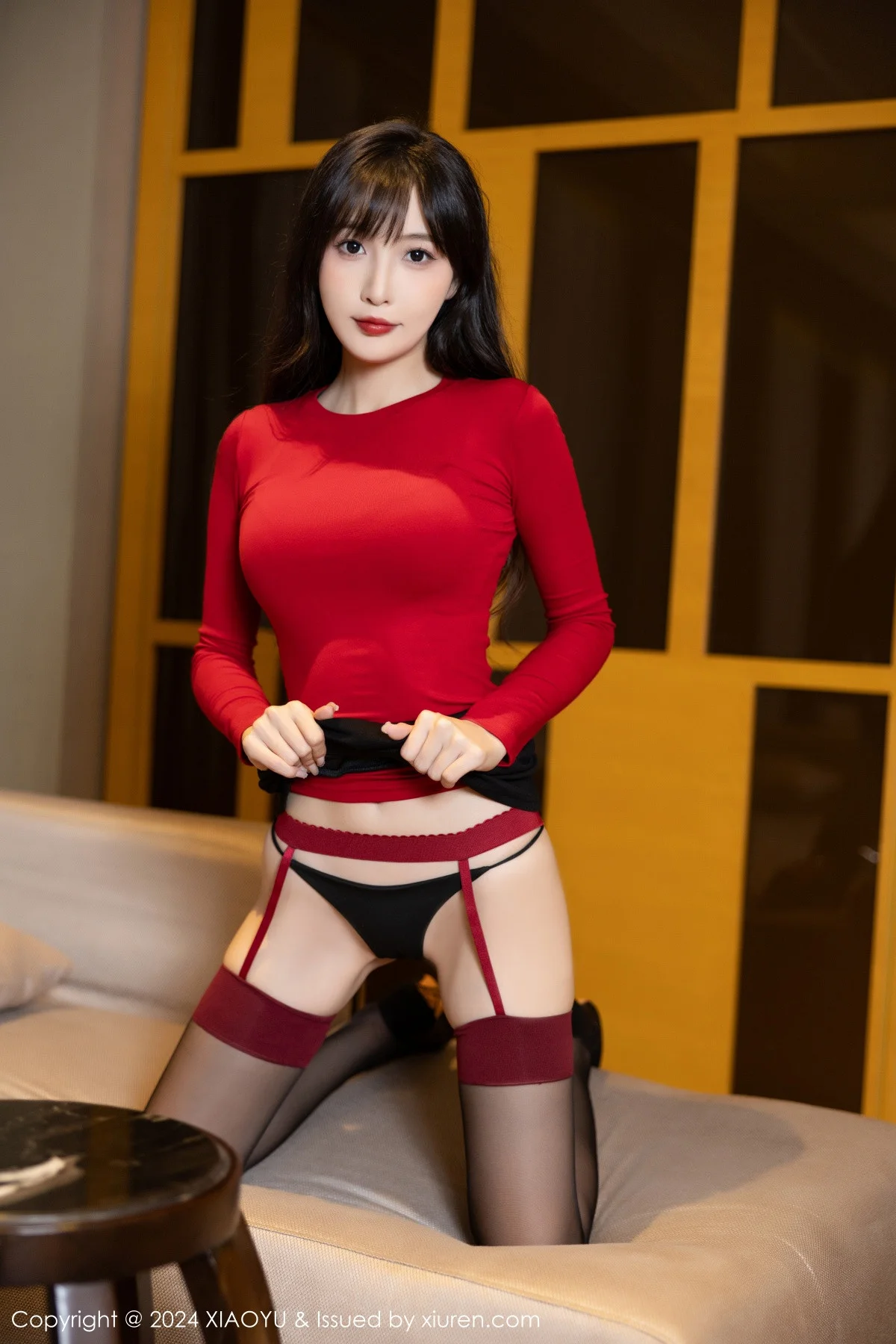 林星阑浴室性感红色上衣露黑色内衣配黑丝吊袜迷人绝美写真 第 30 张