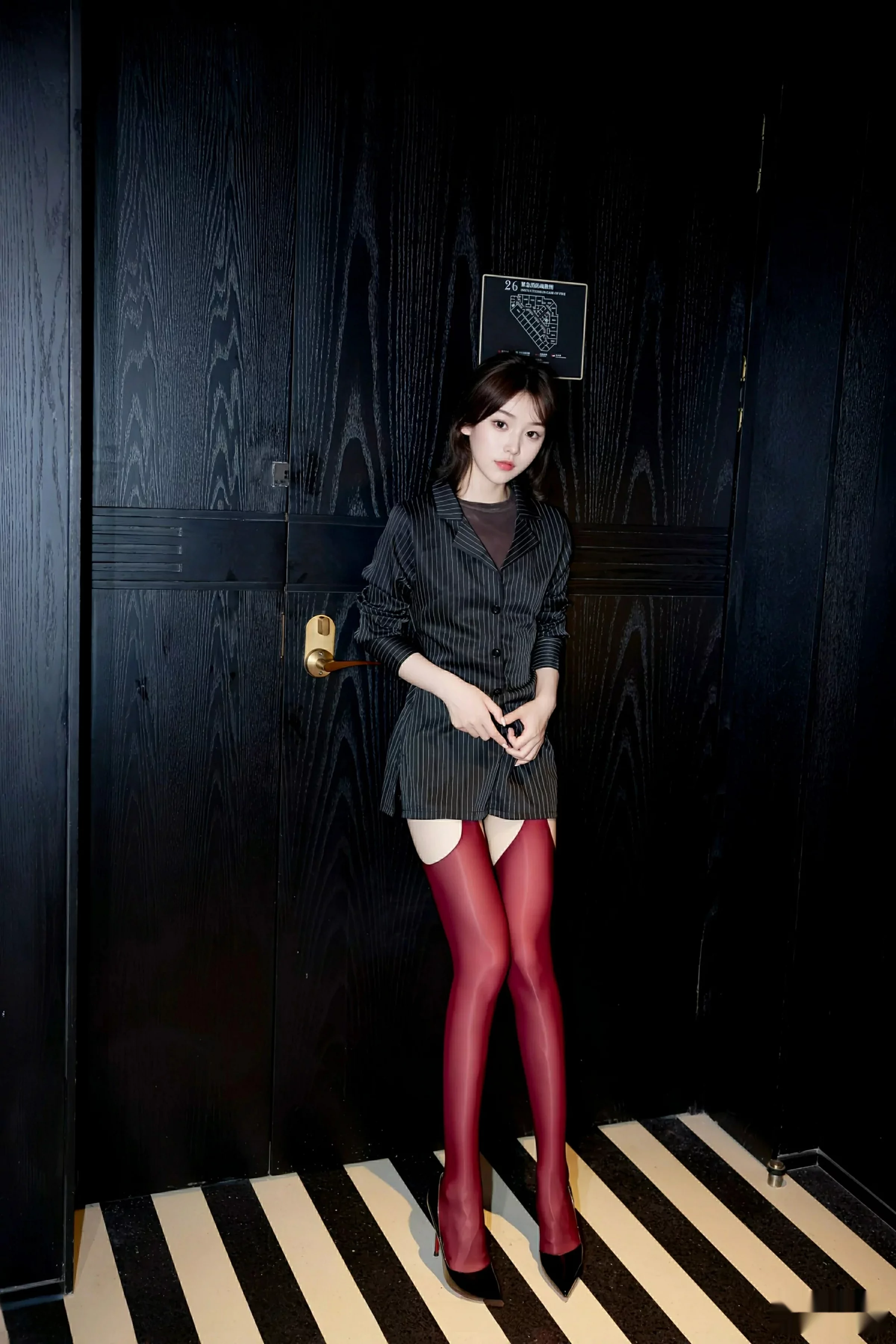汁汁时尚穿搭性感黑色衬衫配红丝吊袜秀曼妙身姿绝美写真 第 3 张