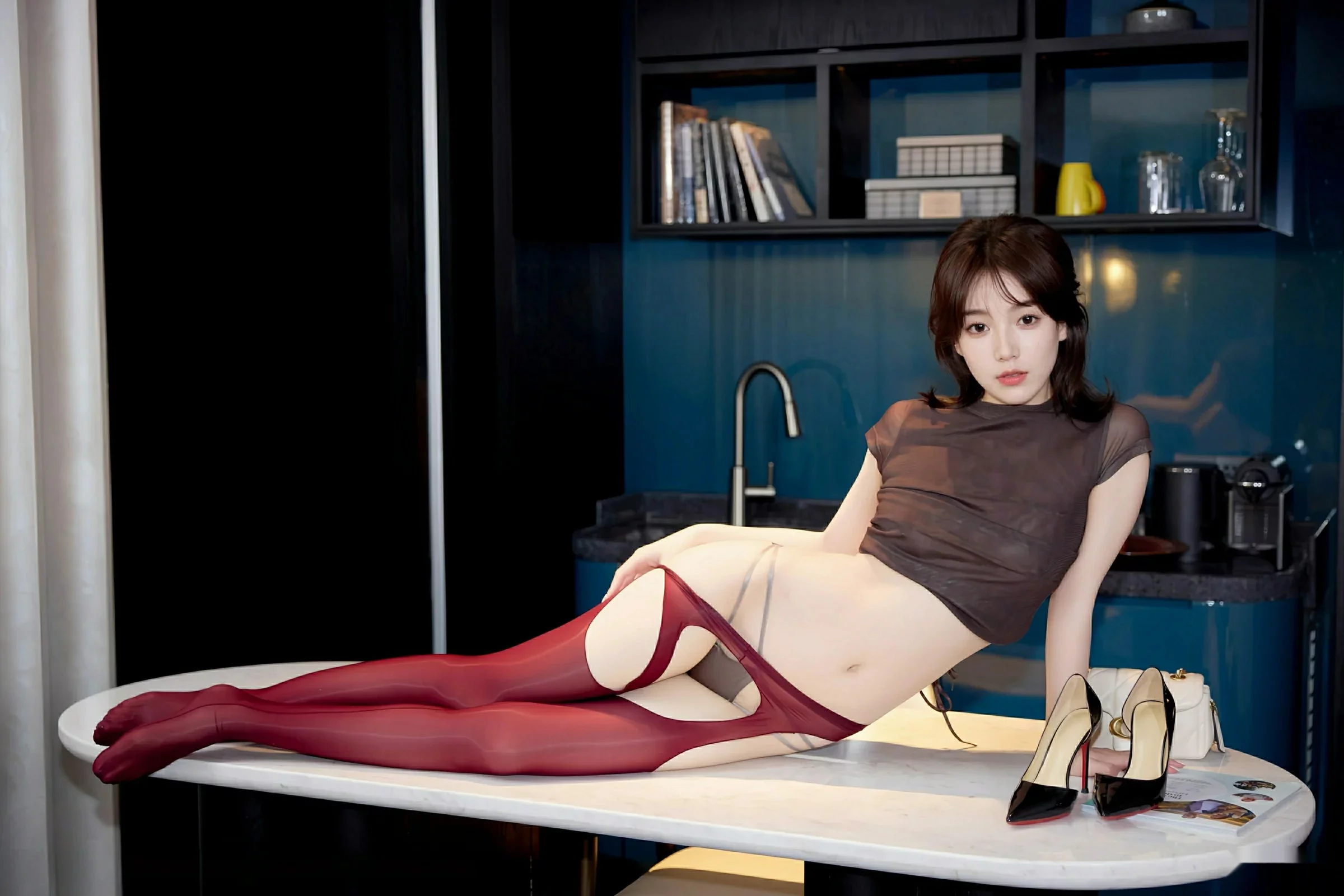 汁汁时尚穿搭性感黑色衬衫配红丝吊袜秀曼妙身姿绝美写真 第 30 张