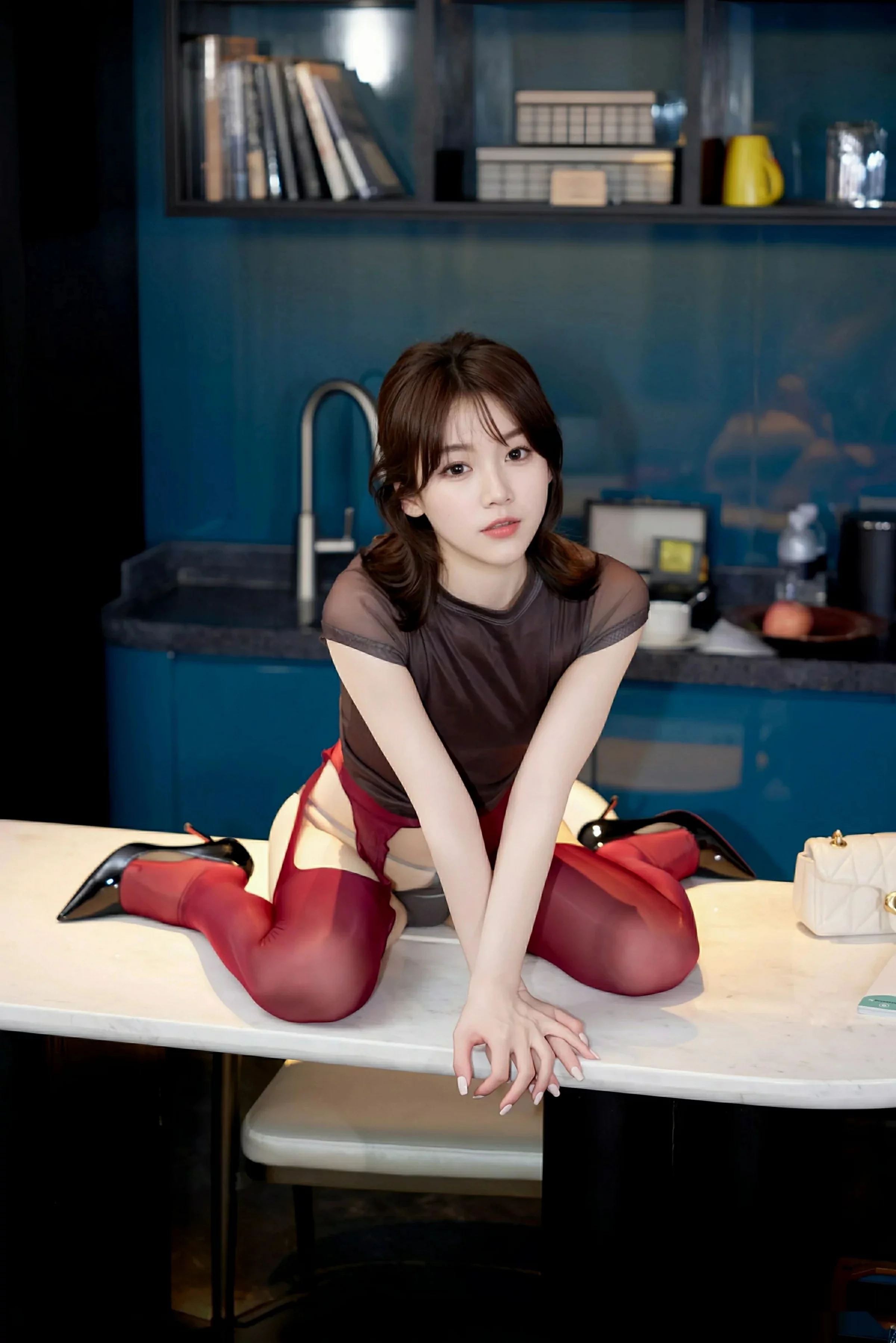 汁汁时尚穿搭性感黑色衬衫配红丝吊袜秀曼妙身姿绝美写真 第 38 张