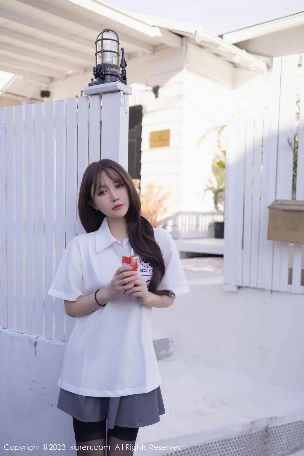 鱼子酱Fish性感白T配灰短裙露黑丝吊袜秀曼妙身姿绝美写真 第 3 张