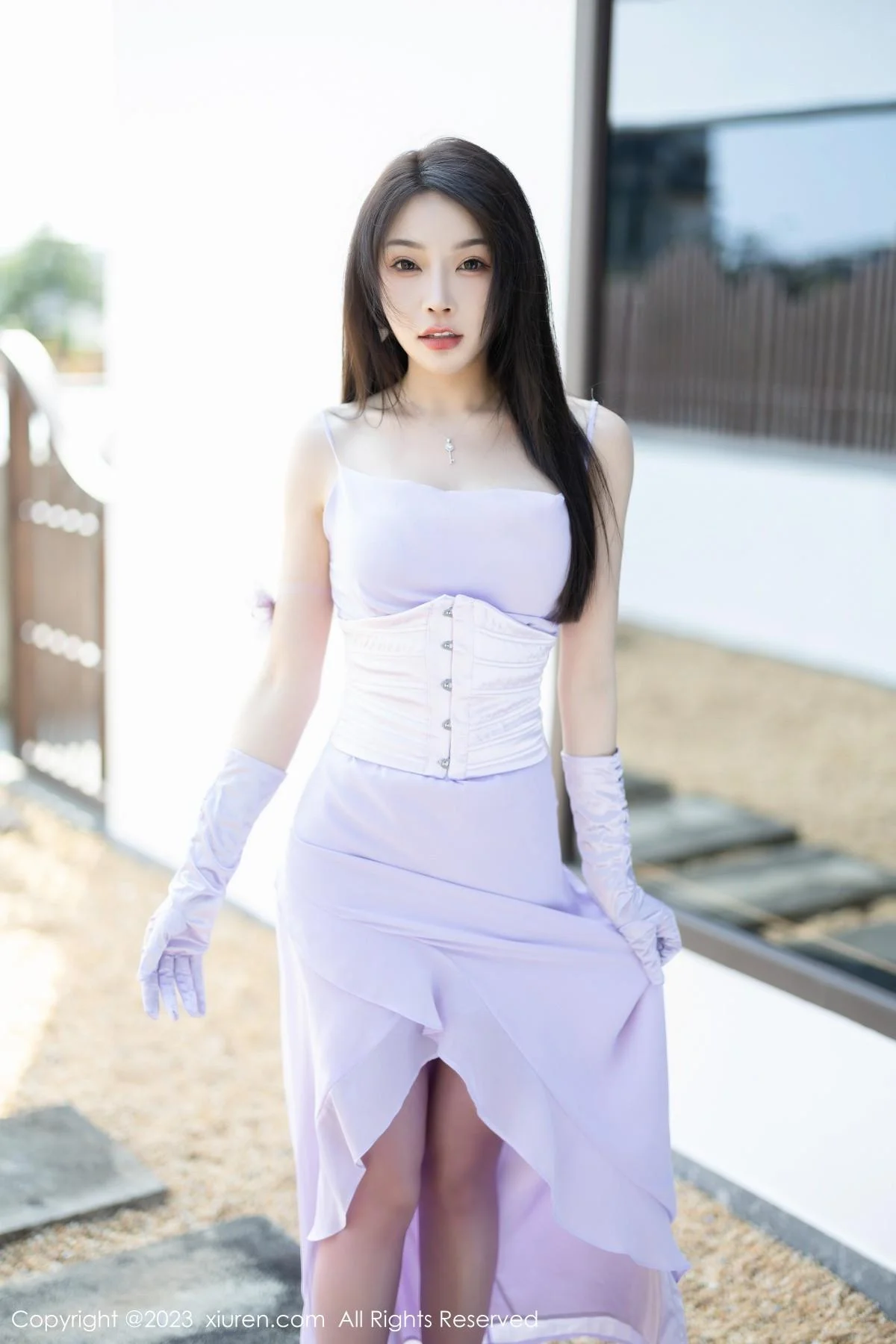 徐莉芝Booty淡紫色连衣长裙+淡蓝色网格内衣惹火绝美写真 第 2 张