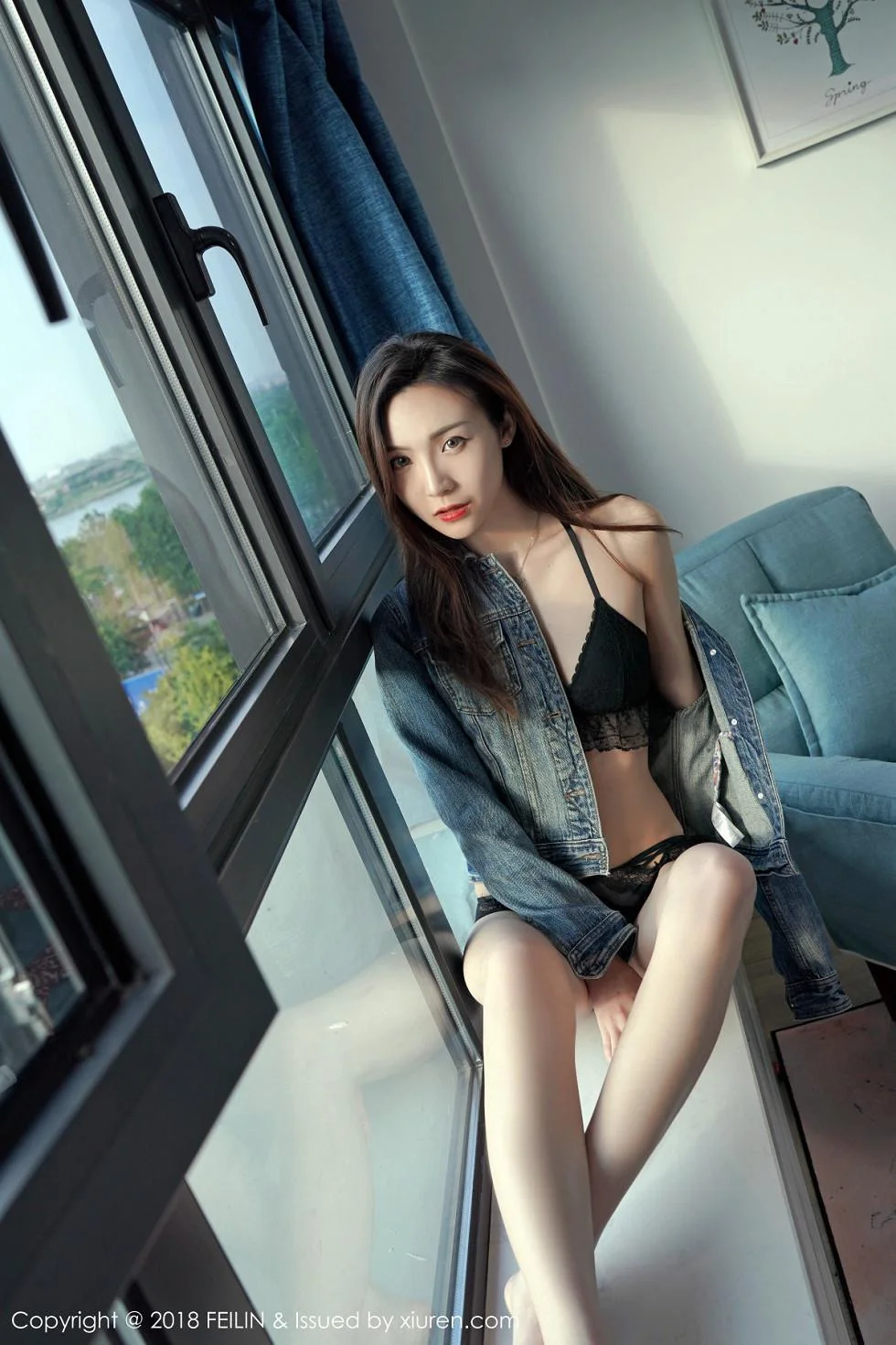 美女主播Hana妹半脱牛仔衣性感黑色蕾丝内衣绝美写真 第 3 张