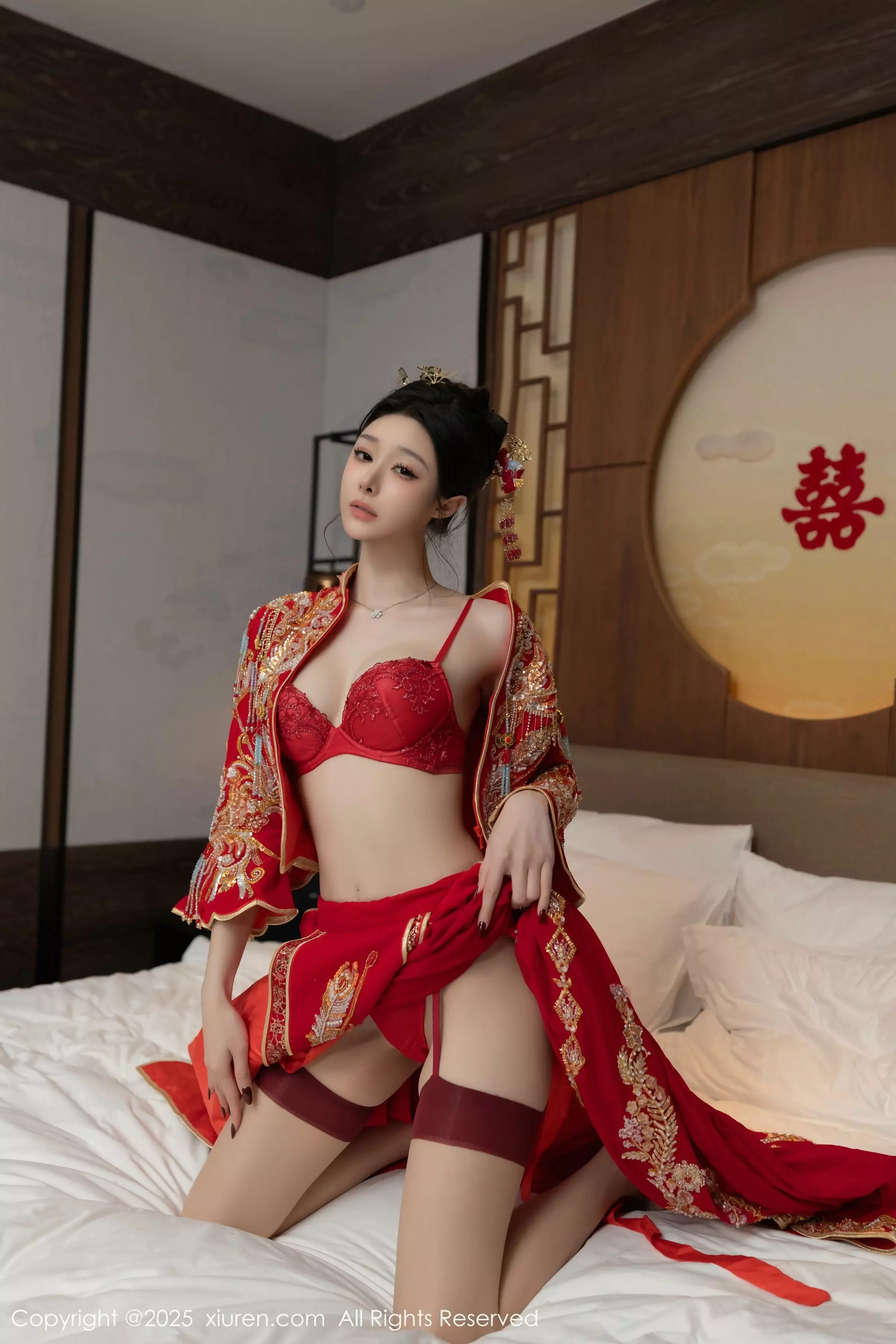 小逗逗新婚主题性感红色蕾丝内衣配黑丝吊袜完美绝美写真 第 58 张