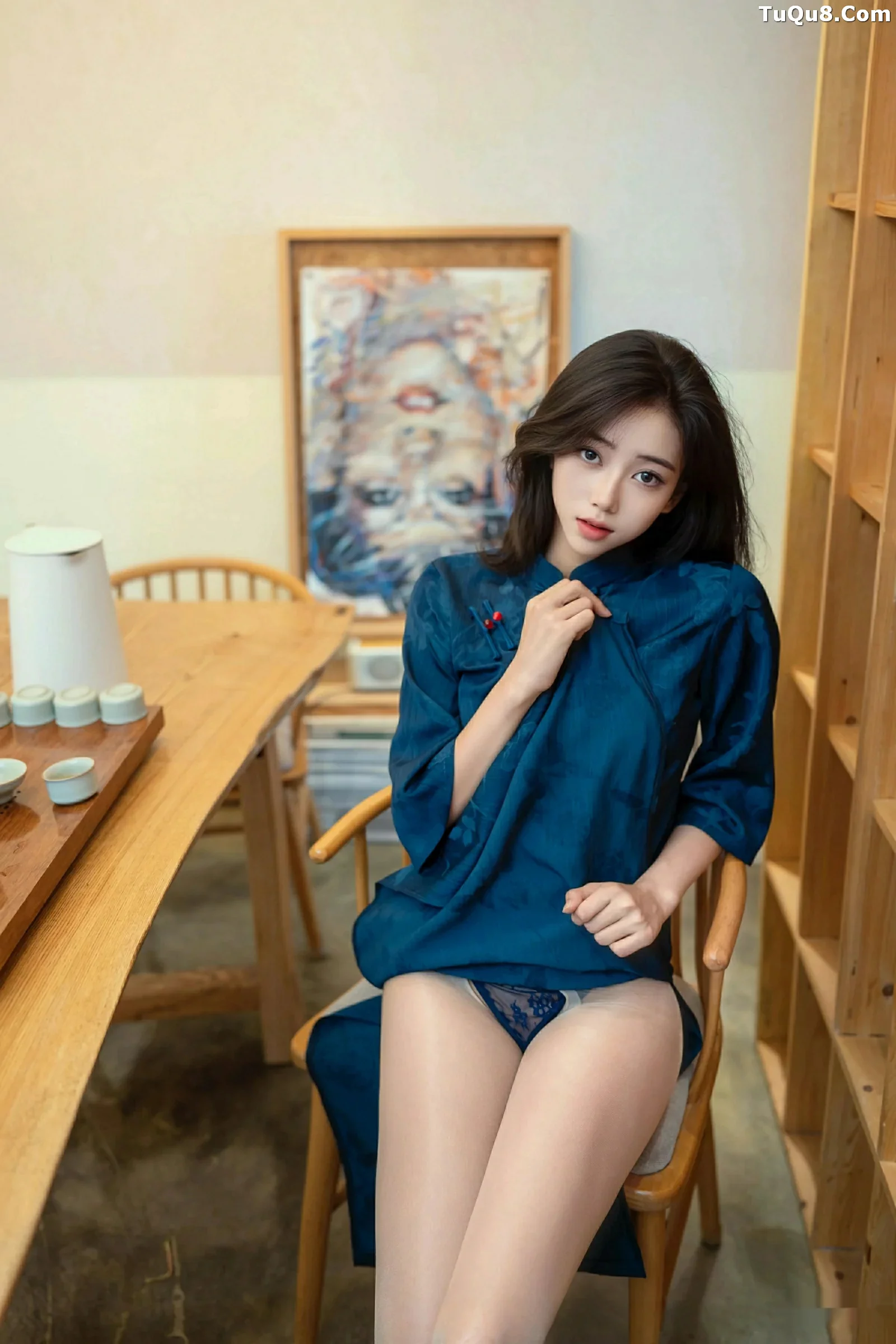 时安安性感深色旗袍露黑色内衣配开档肉丝秀美腿绝美写真 第 6 张