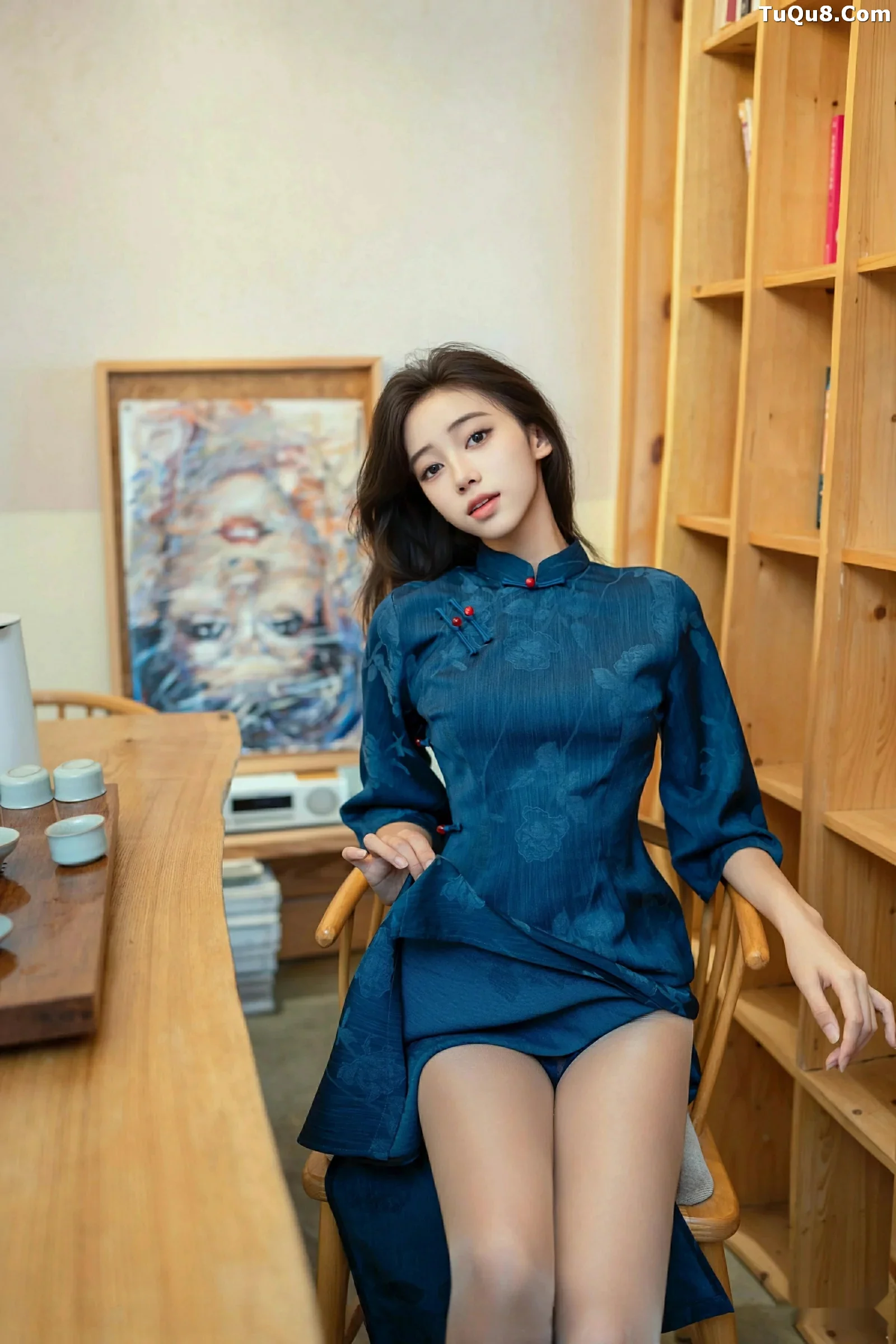 时安安性感深色旗袍露黑色内衣配开档肉丝秀美腿绝美写真 第 7 张