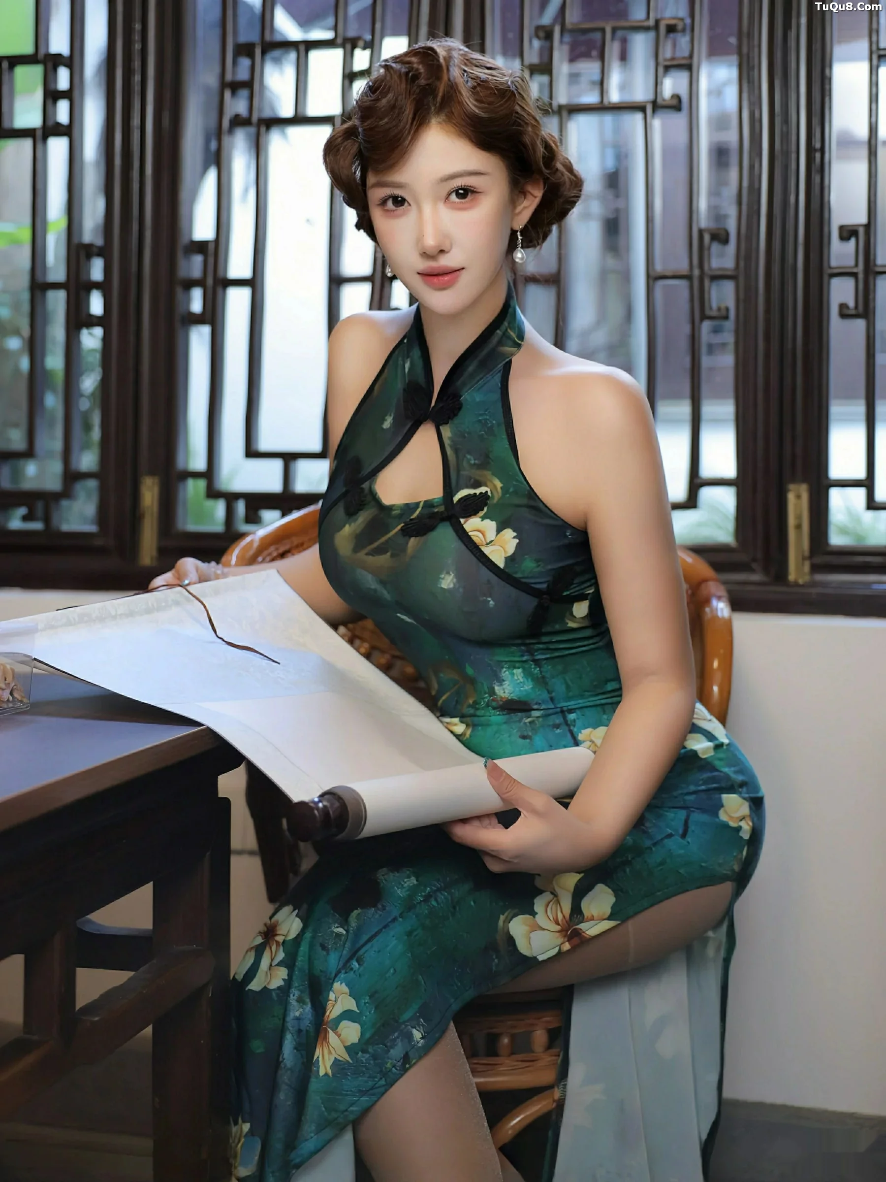 金允希Yuki性感绿色旗袍配超薄肉丝秀丰腴身材迷人绝美写真 第 17 张