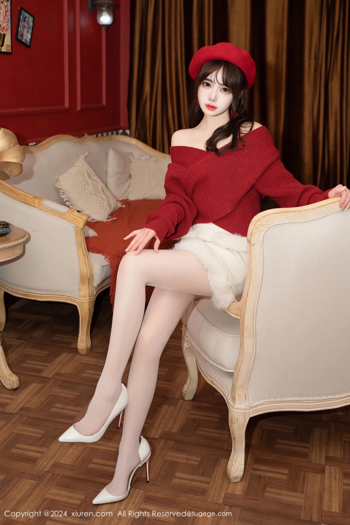 林月月私房性感红色毛衣配开档肉丝秀柔美身姿完美绝美写真 第 17 张