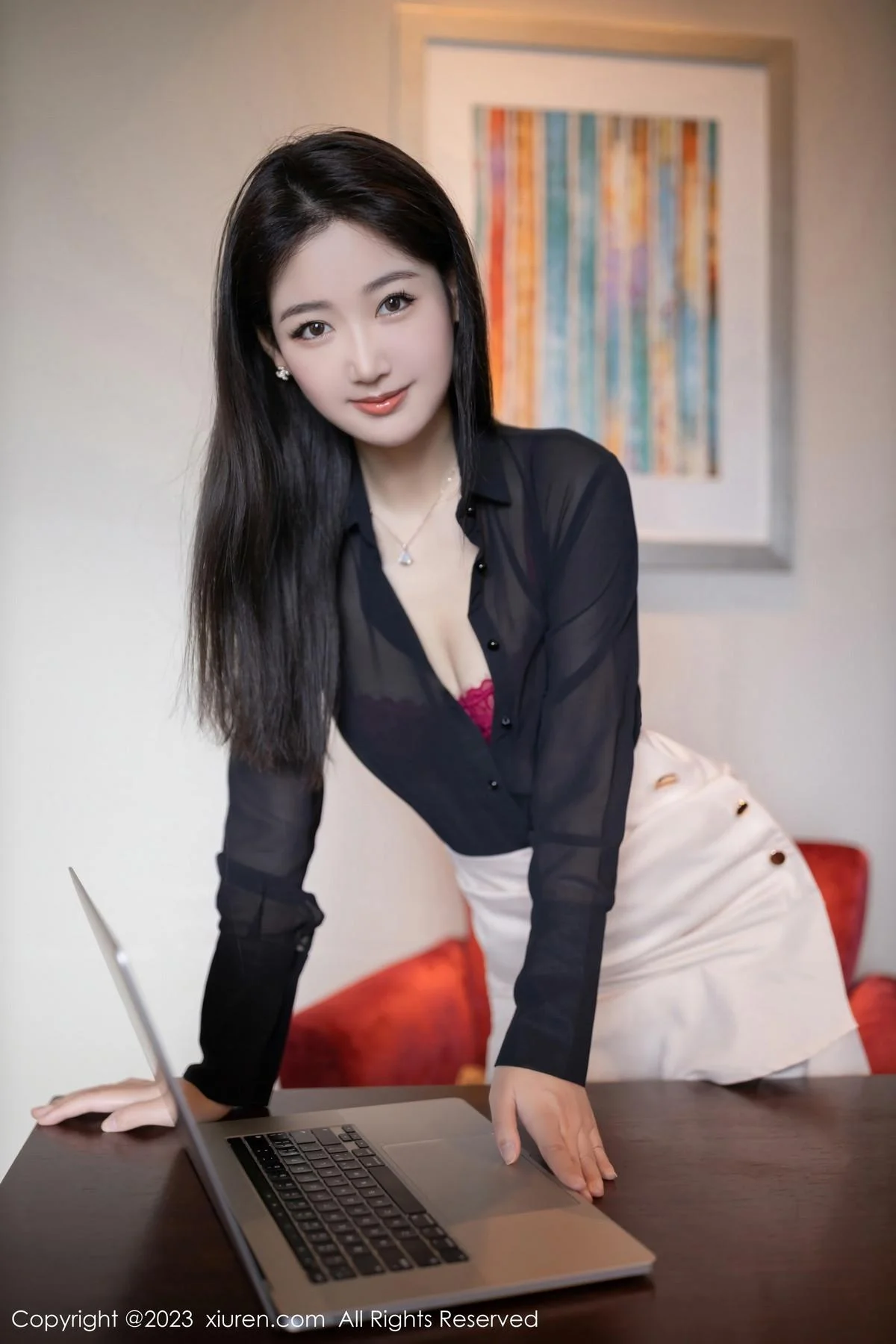 唐安琪同事角色脱OL装露红色蕾丝内衣配开档黑丝绝美写真 第 11 张
