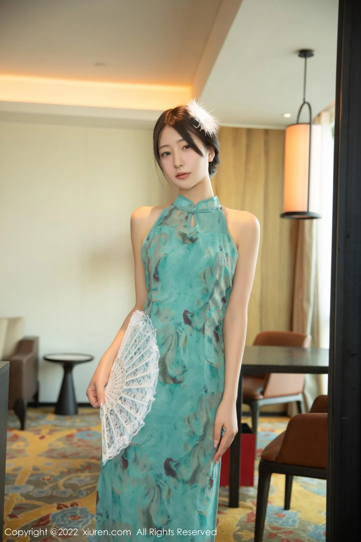 熊小诺脱绿色短款旗袍露性感蕾丝内衣配超薄黑丝绝美写真 第 6 张