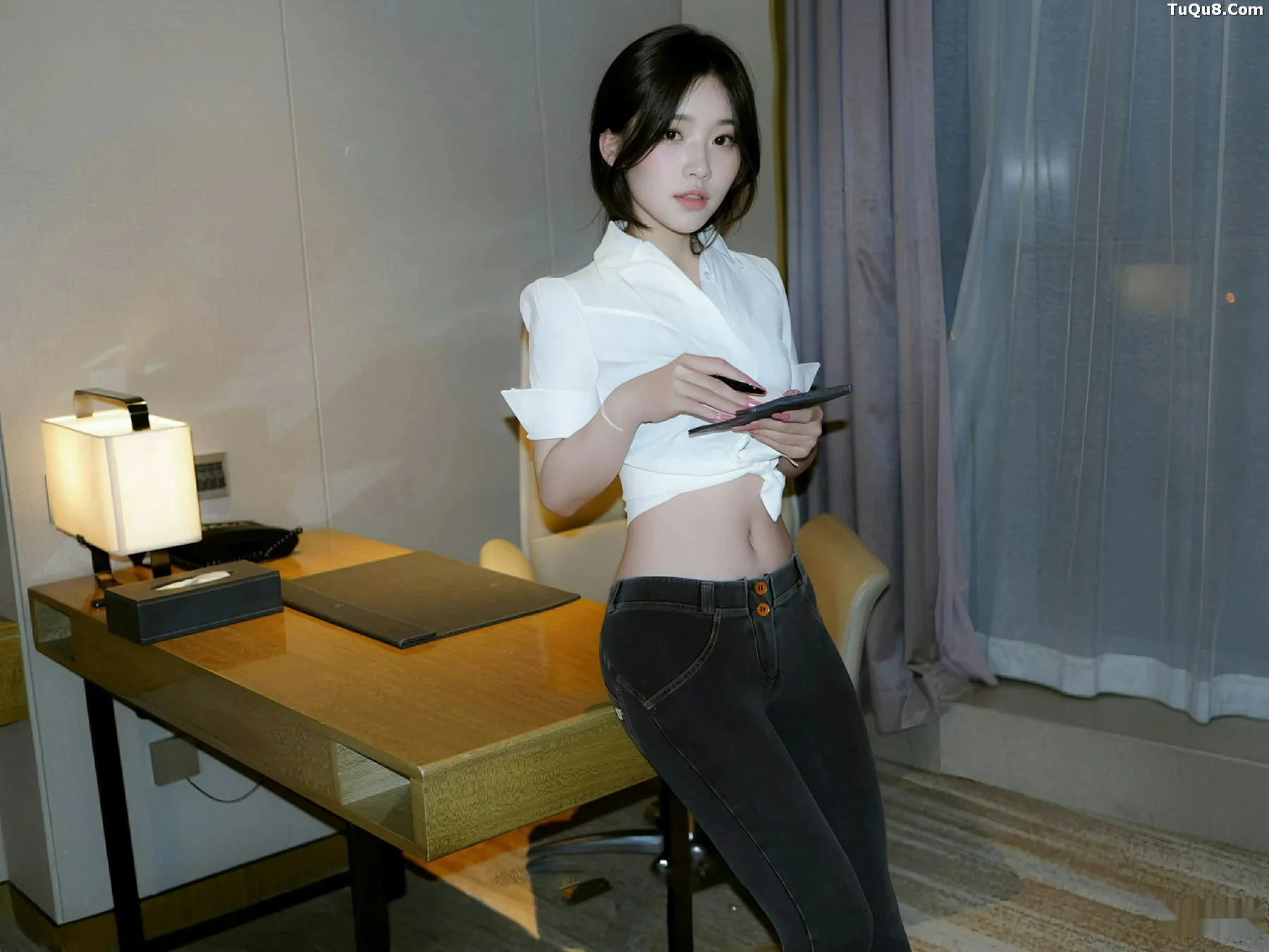 汁汁性感白T配牛仔长裤露蓝灰色内衣秀曼妙身姿绝美写真 第 4 张