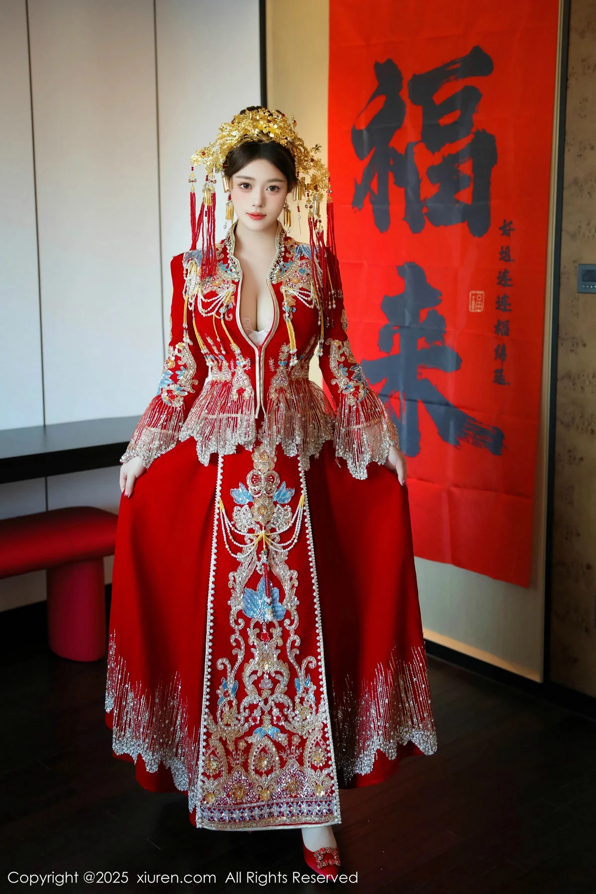蛋蛋宝新年主题性感红色新娘装露白色内衣秀丰腴身材绝美写真 第 23 张