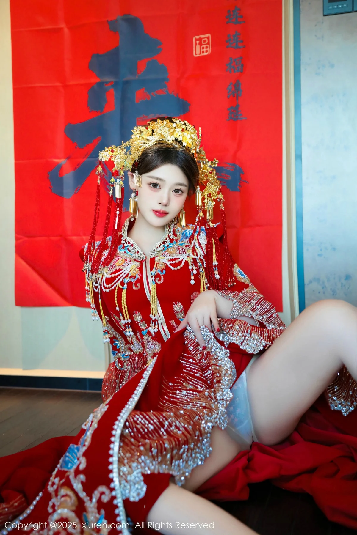 蛋蛋宝新年主题性感红色新娘装露白色内衣秀丰腴身材绝美写真 第 7 张